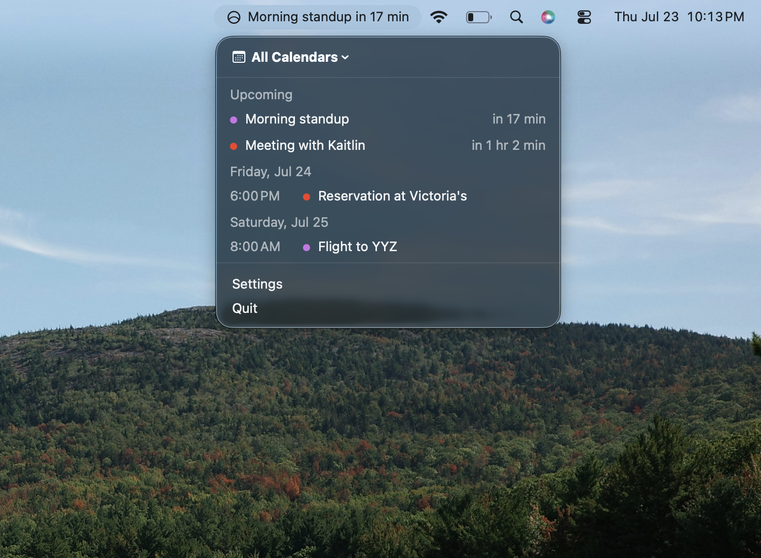 Horizon menu bar app showing upcoming calendar events