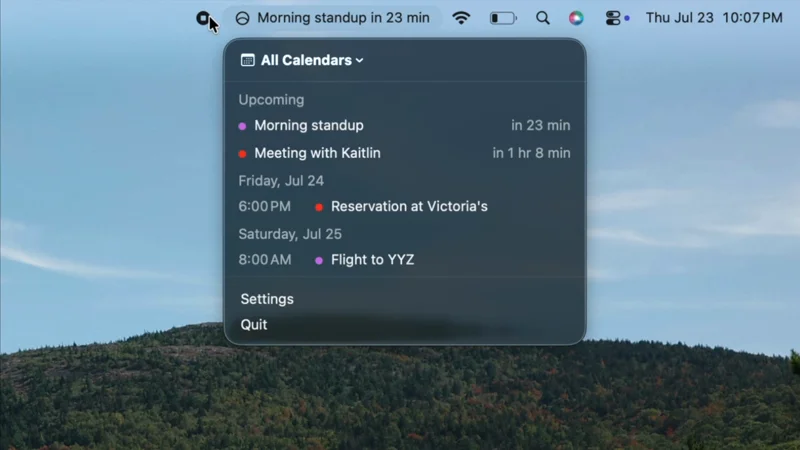 Horizon menu bar app showing upcoming calendar events